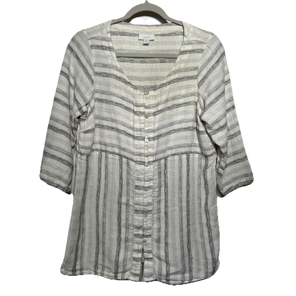 J. Jill Pure Jill Cotton Linen 3/4 Sleeve Blouse White Gray Stripe Sz Small Boho